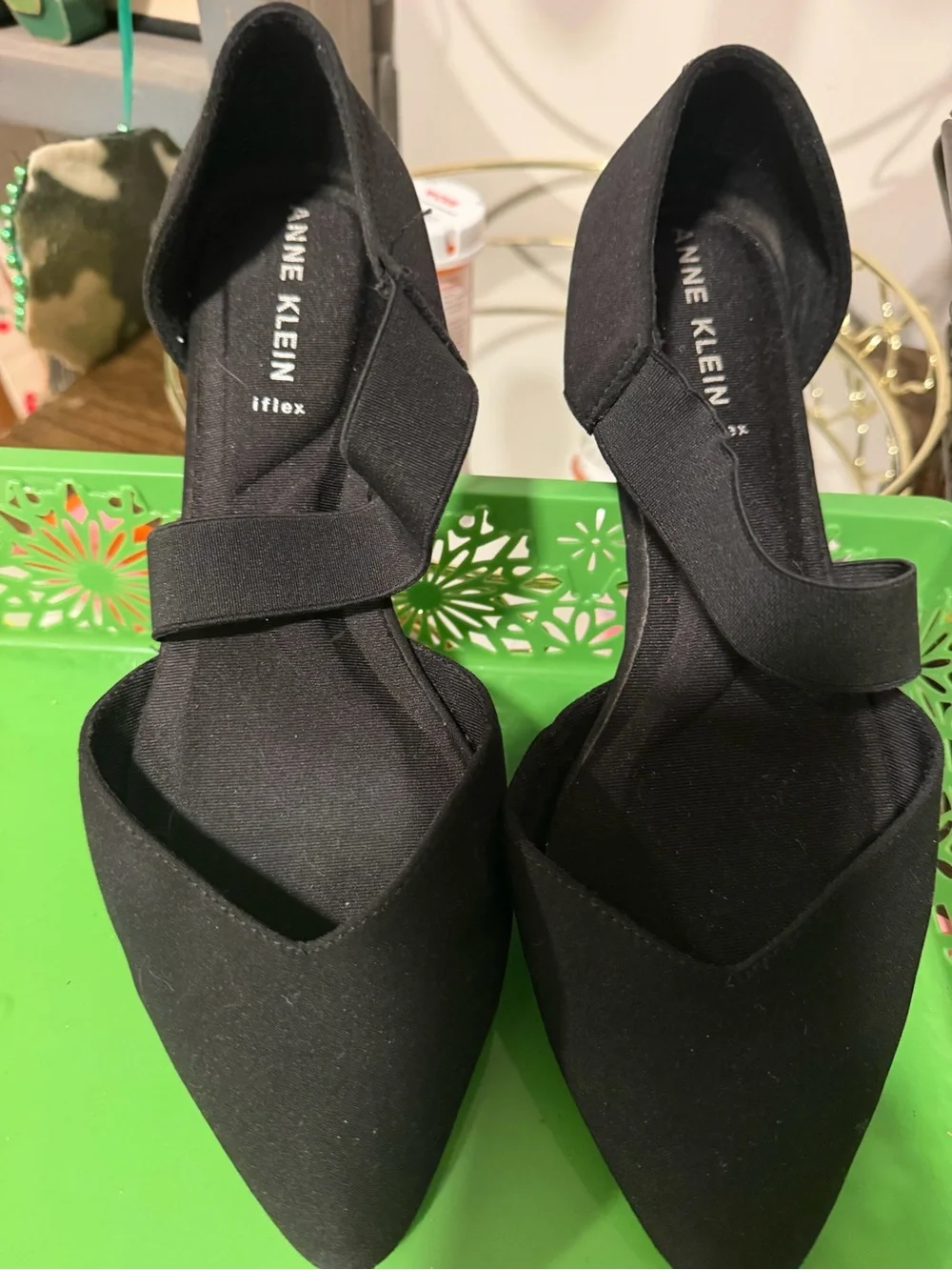 Anne Klein Black Pointed D'Orsay Flats with Elastic Strap